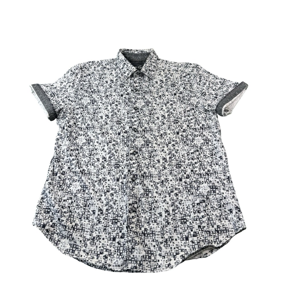 Robert Graham Mens White Black Geometric Cotton SS Button Front Shirt Medium